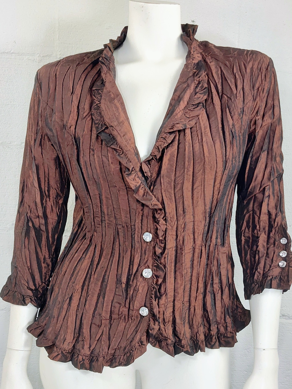 Carrie Allen Crinkled Ruffle Button-Down Top in Brown